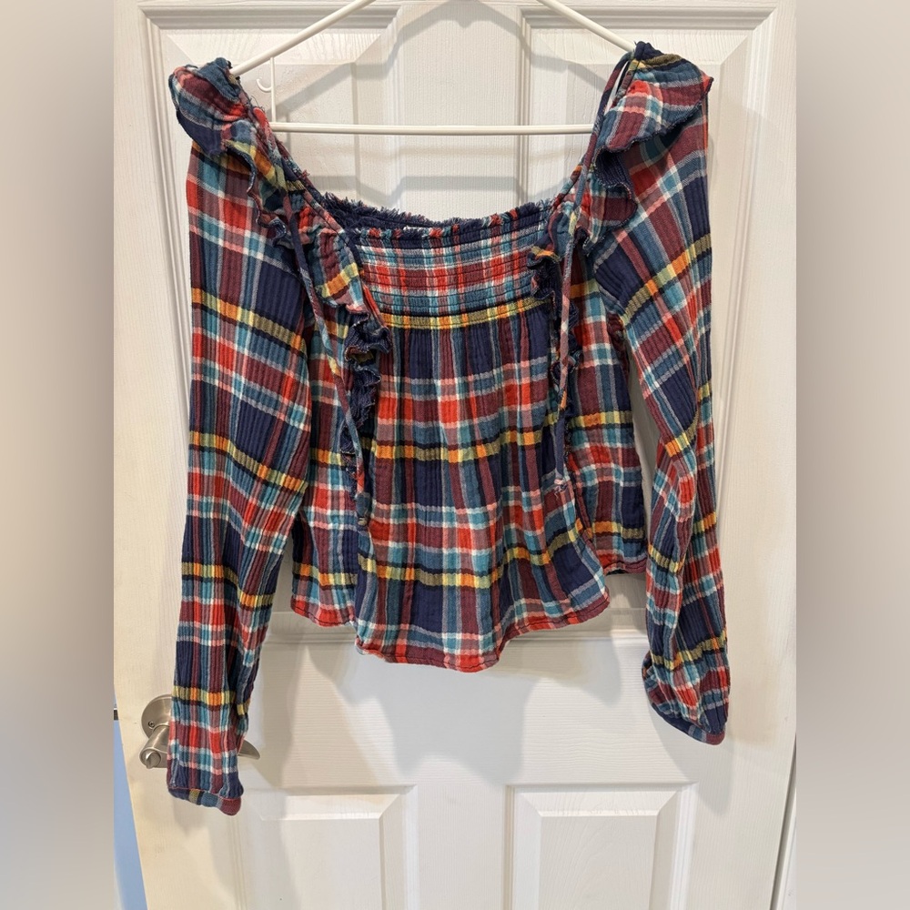 Free People We The Free Multicolor Plaid Off-Shoulder Blouse